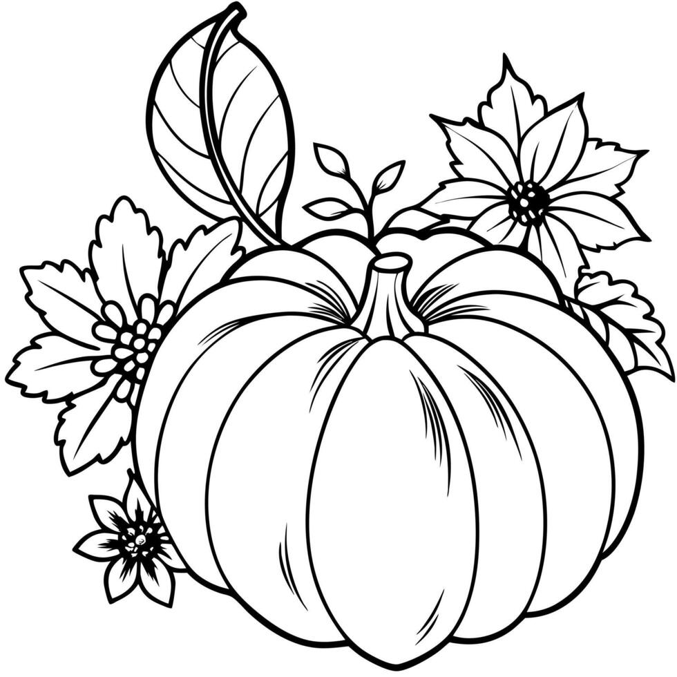 A pumpkin and flowers coloring page vector