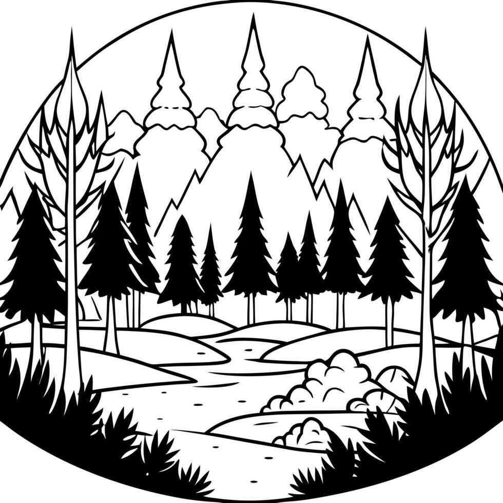 A black and white illustration of a forest scene vector