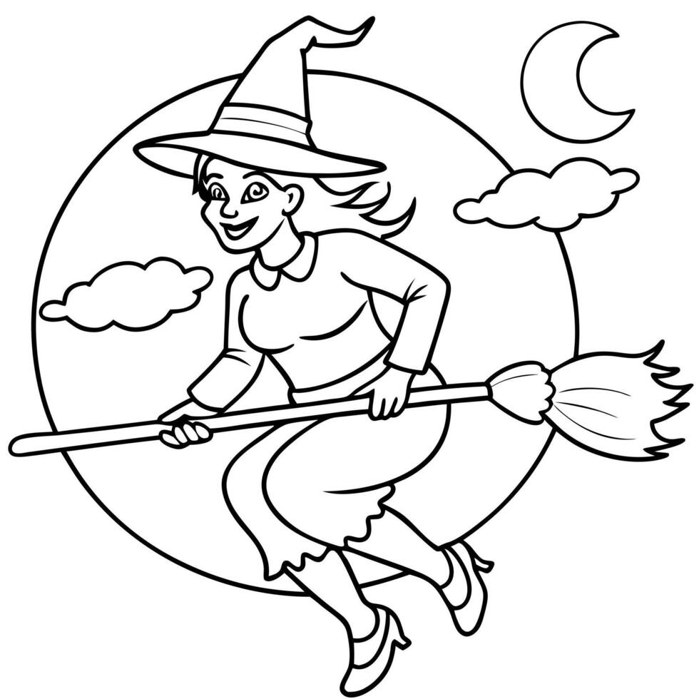 Halloween witch flying on broom coloring pages vector