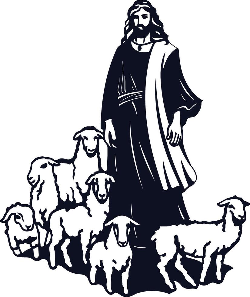 Jesus Shepherd With Sheeps vector