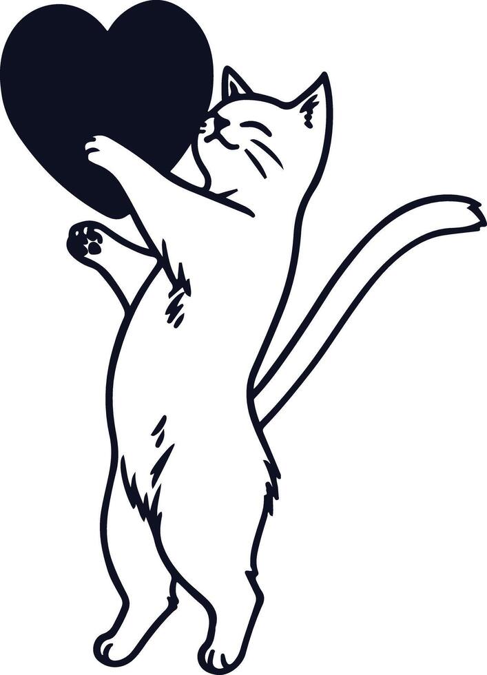 The cat jumped up and grabbed the left heart icon vector