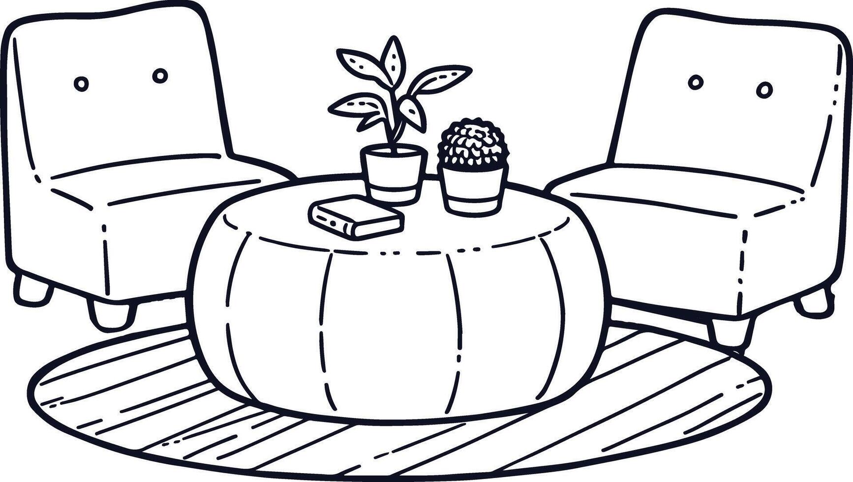A drawing of two chairs and a table with a plant vector
