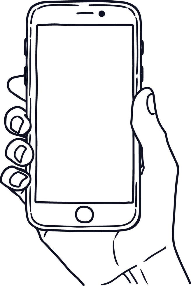 Sketch of a hand holding a smartphone with a startup app screen vector