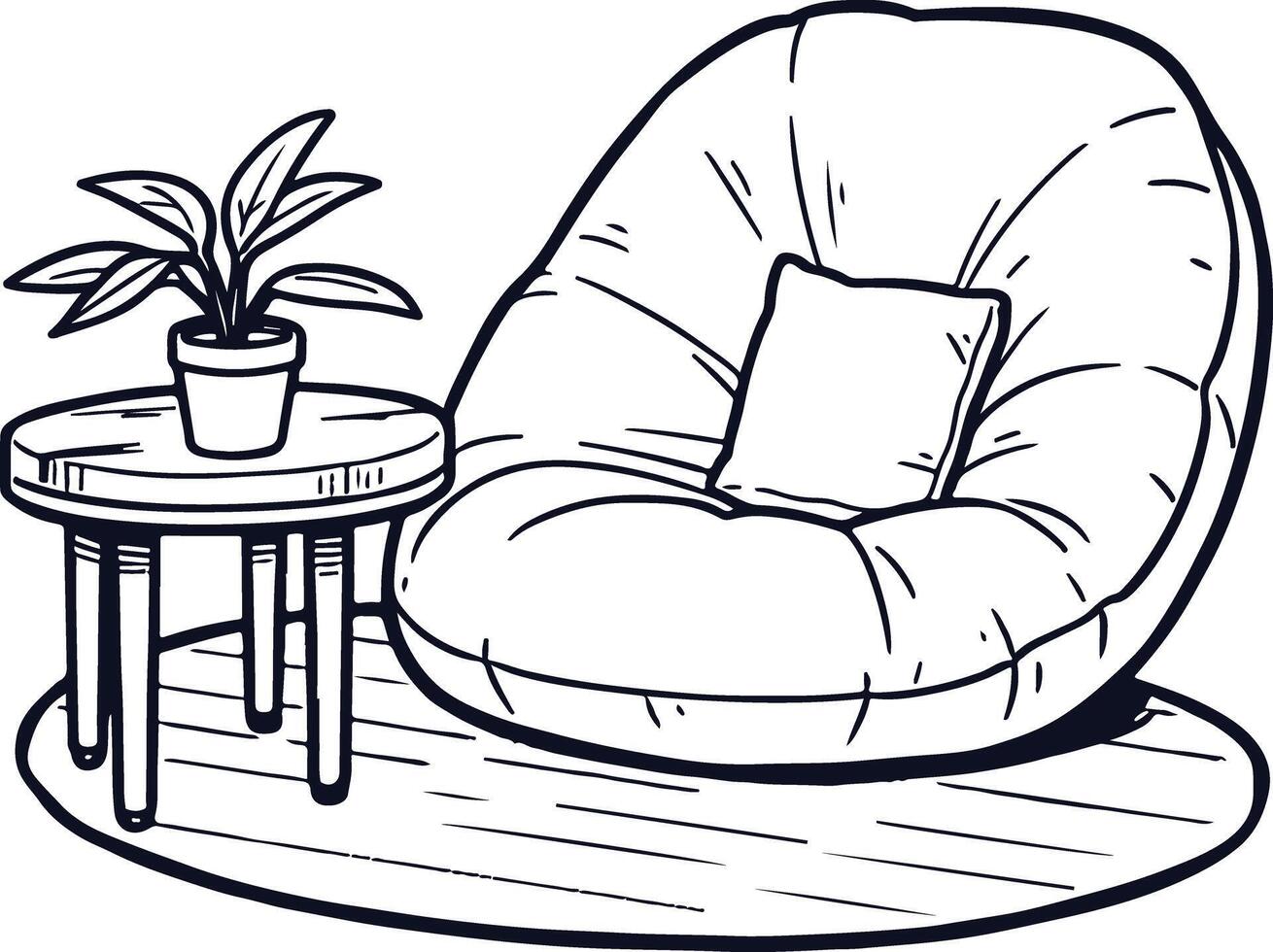 A black and white drawing of a chair and table vector
