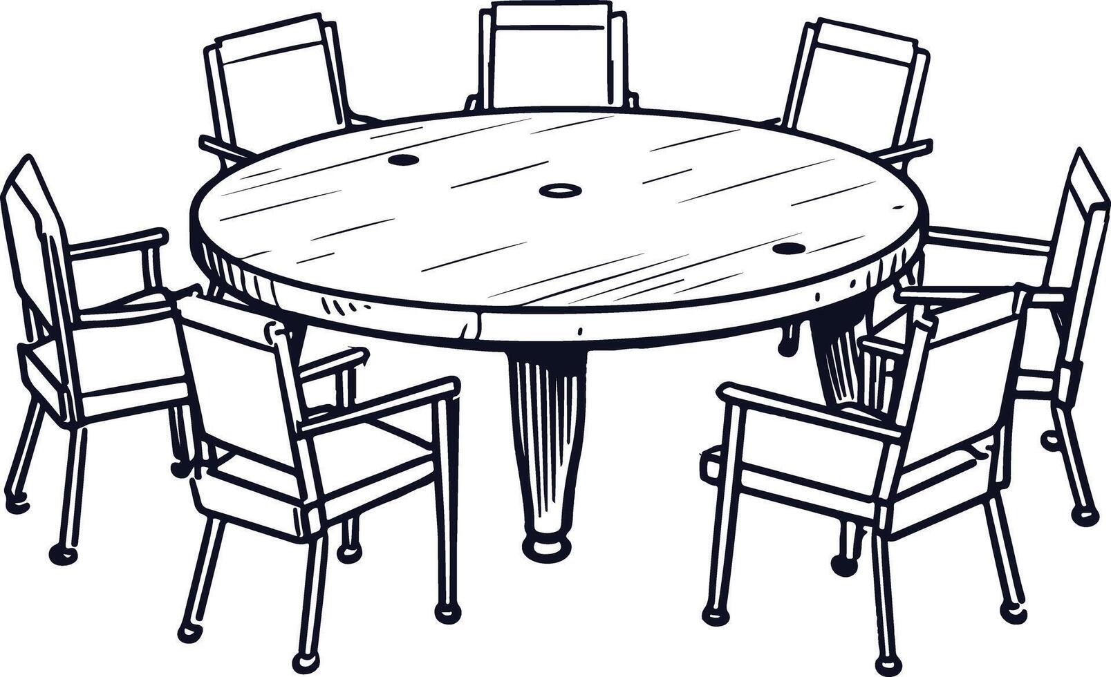 A sketch of a casual meeting space with a round table and 7 chairs vector
