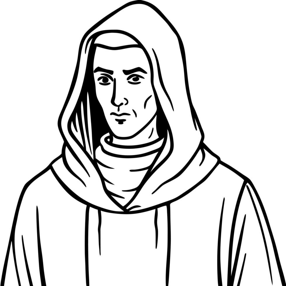 A monk in a hooded robe coloring page vector