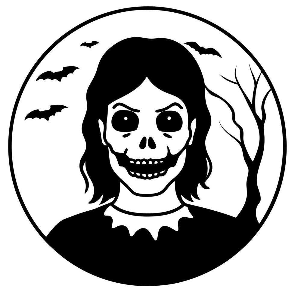 A black and white illustration of a woman with a skull face vector