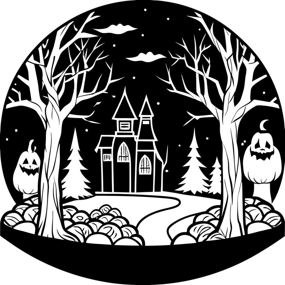Halloween house in the woods with pumpkins and trees vector
