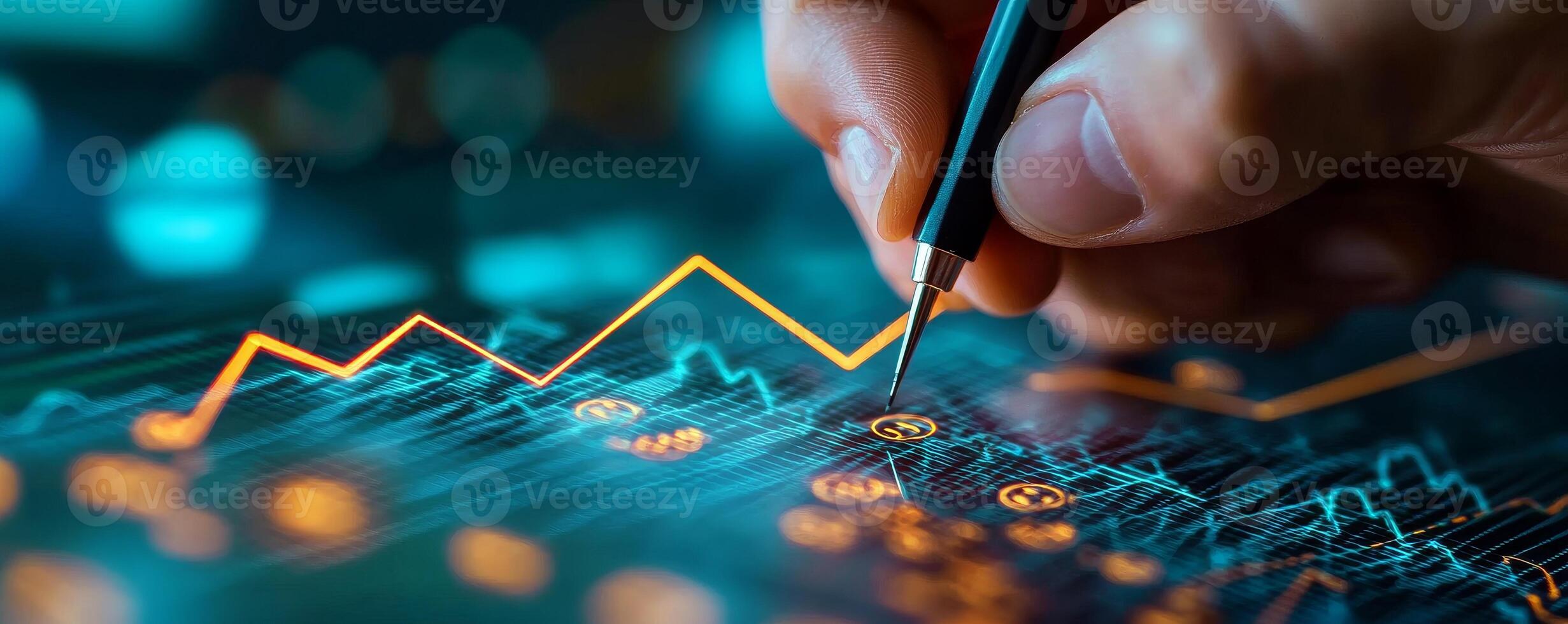 Hand analyzing financial data with digital graphs. photo