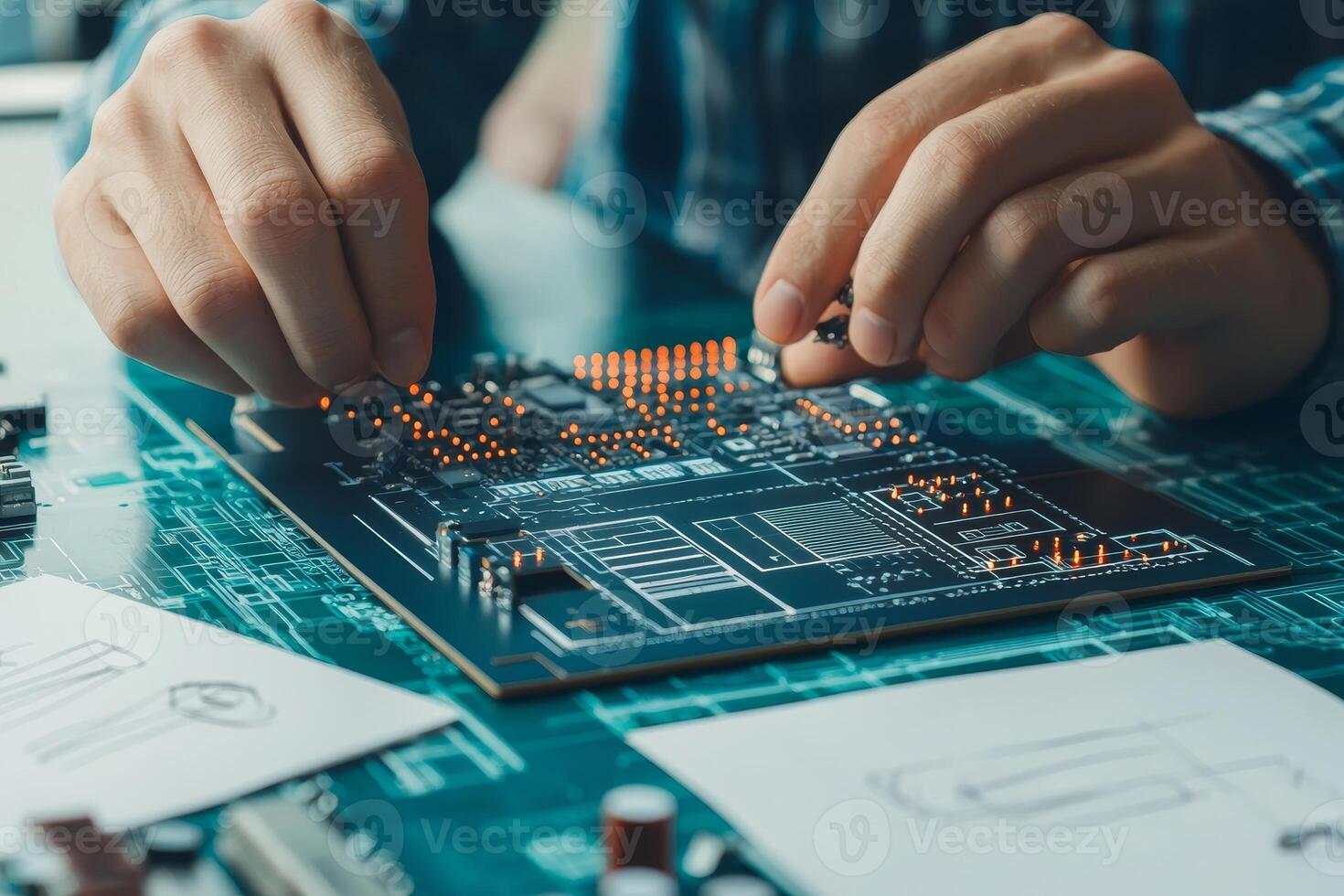 Hands assembling a circuit board with electronic components. photo