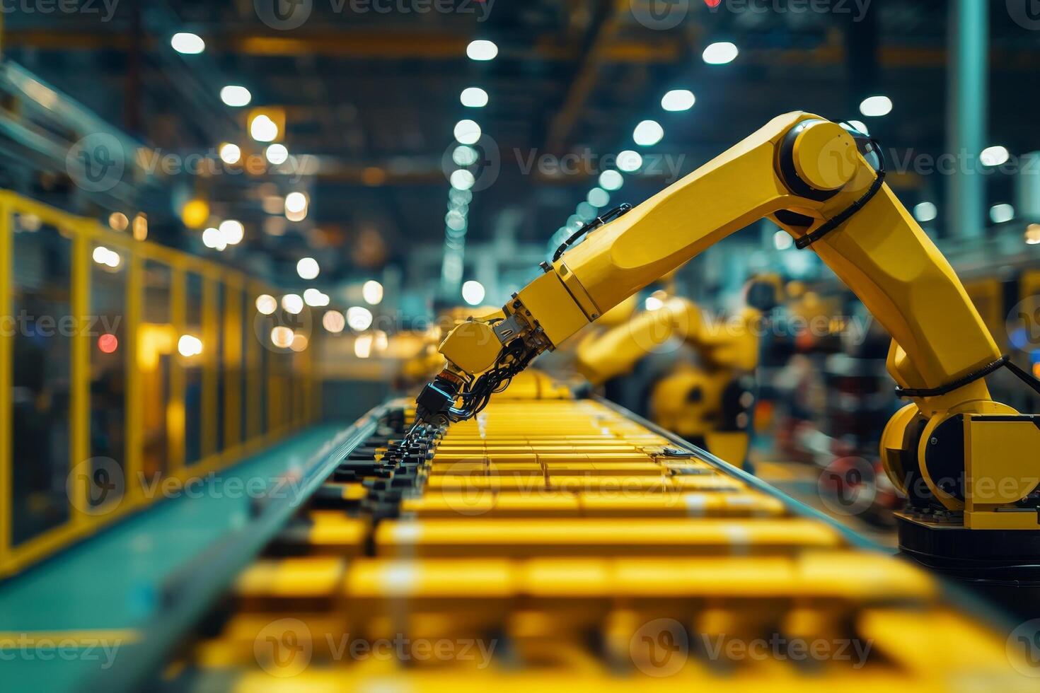 Robot arm working in a modern automated factory setting. photo