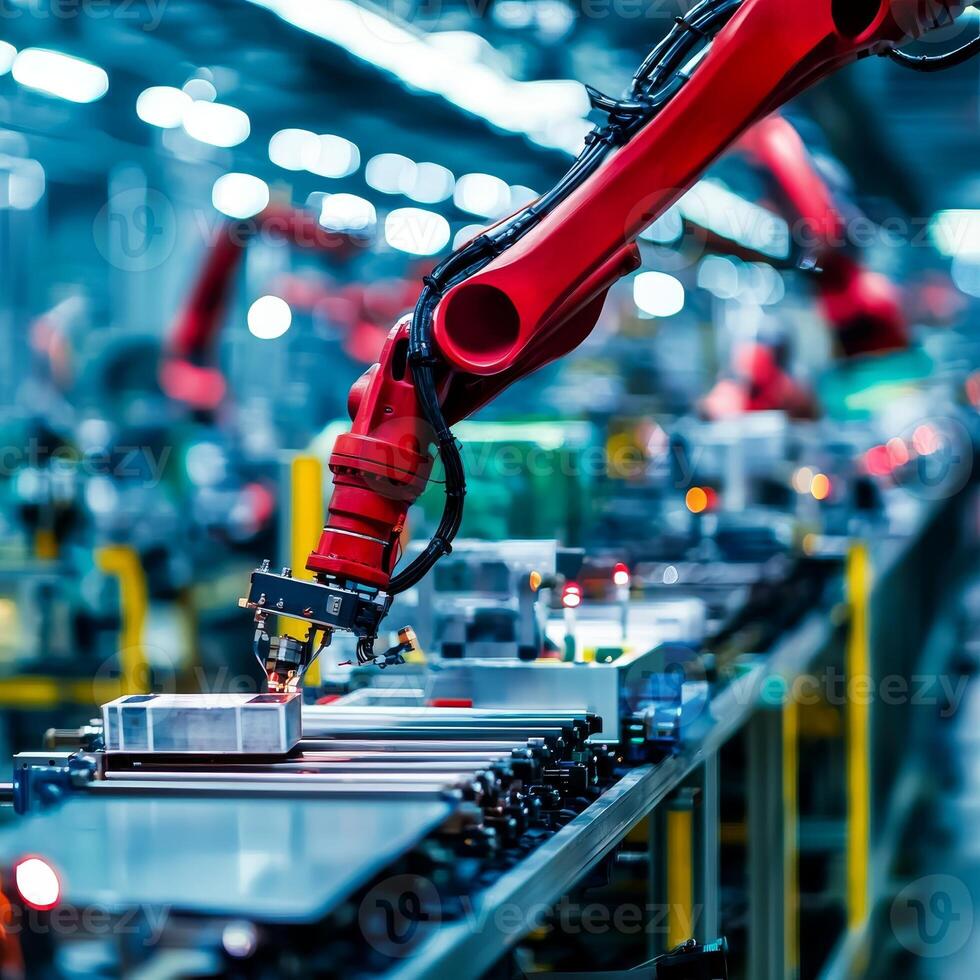 Robotic arm working on assembly line in a modern factory. photo
