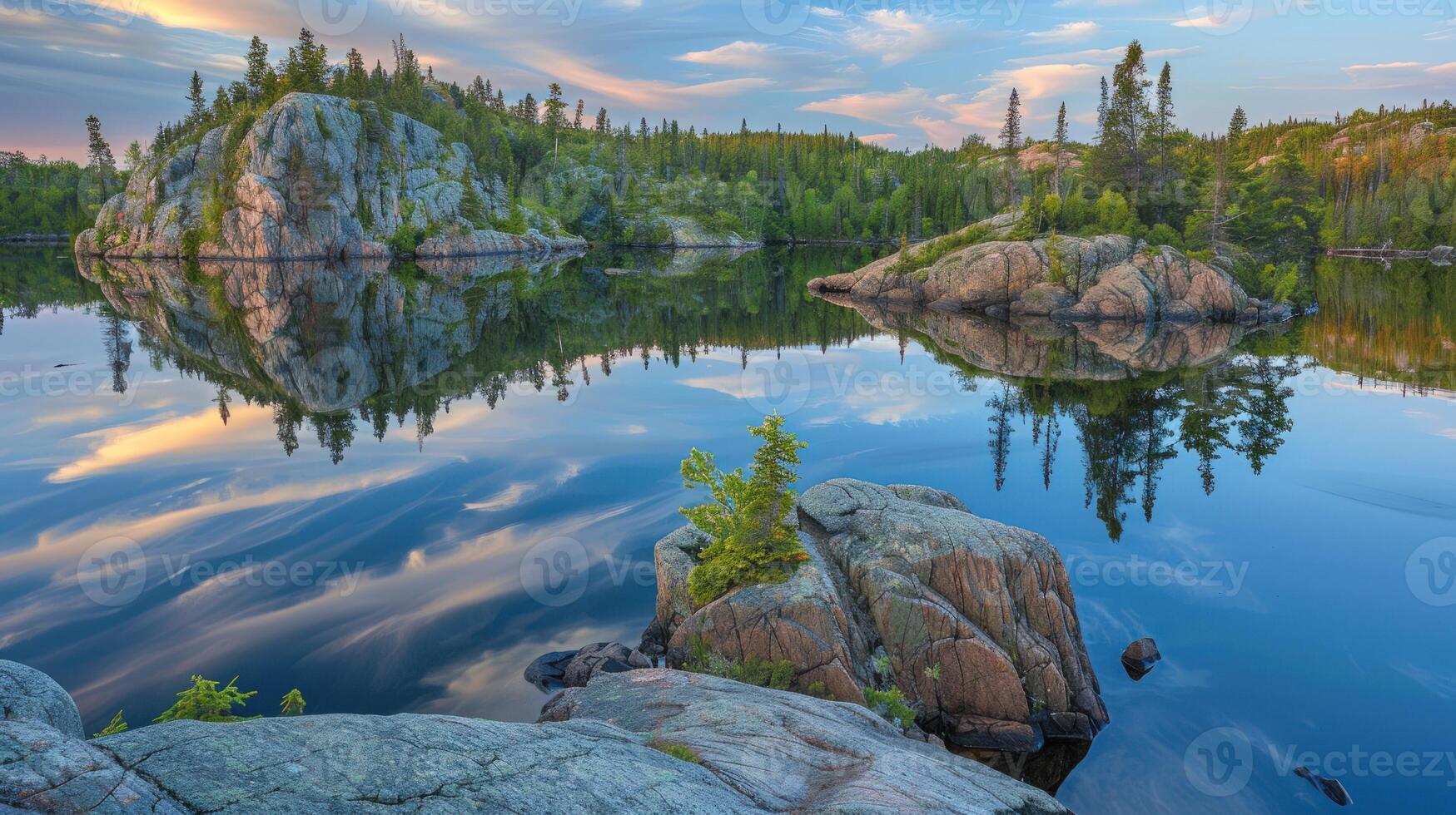 Serene Sunset Reflections on a Tranquil Lake photo