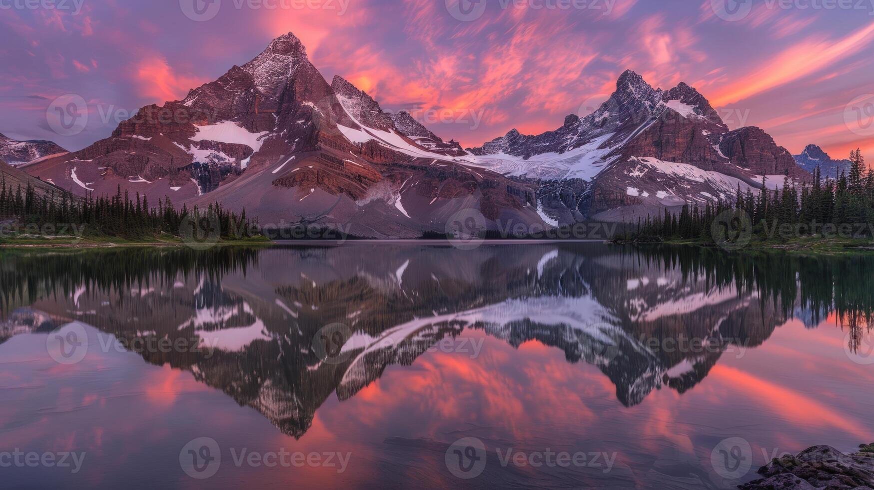 Mountain Reflections in a Still Lake at Sunrise photo