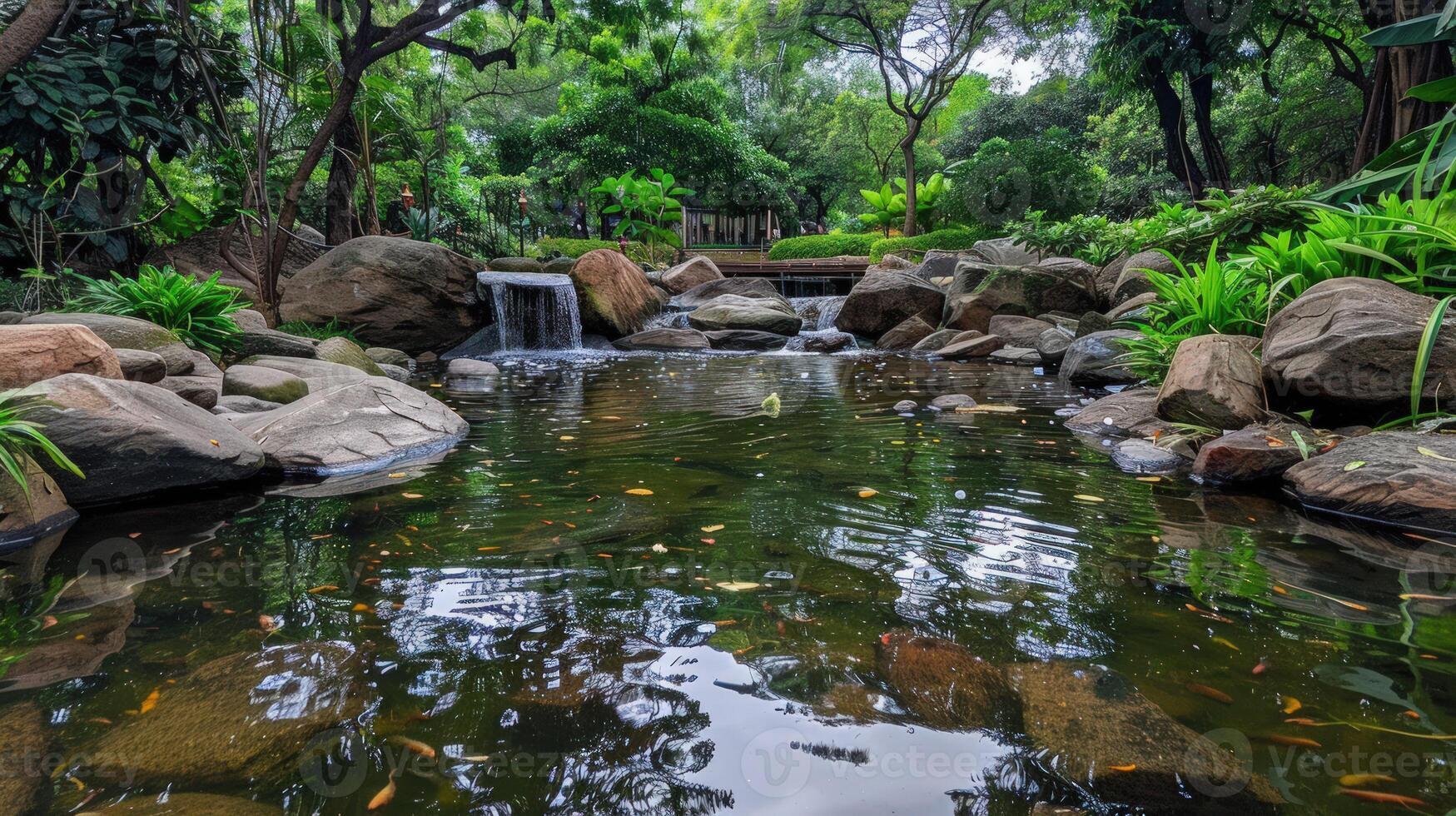 Serene Pond Surrounded by Rocks and Lush Greenery photo