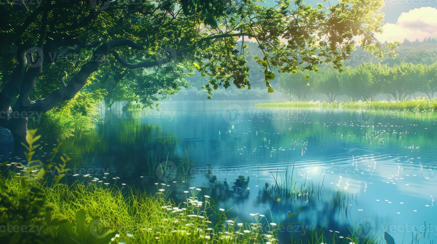 Tranquil Lake Amidst Lush Greenery photo