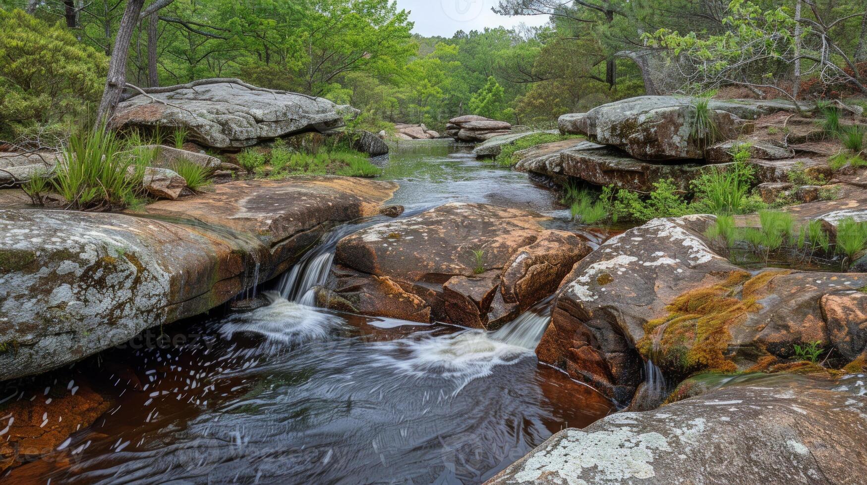 Tranquil Stream Flowing Through a Rock-Filled Forest photo