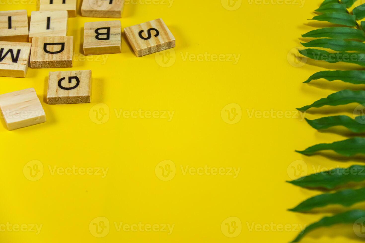 yellow background with green tropical plant branch and wooden alphabet photo