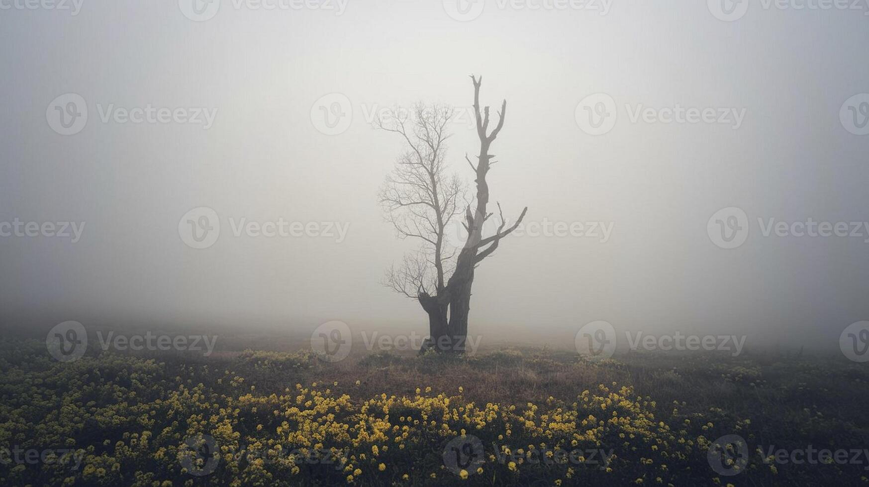 Foggy Field with a Lonely Tree photo