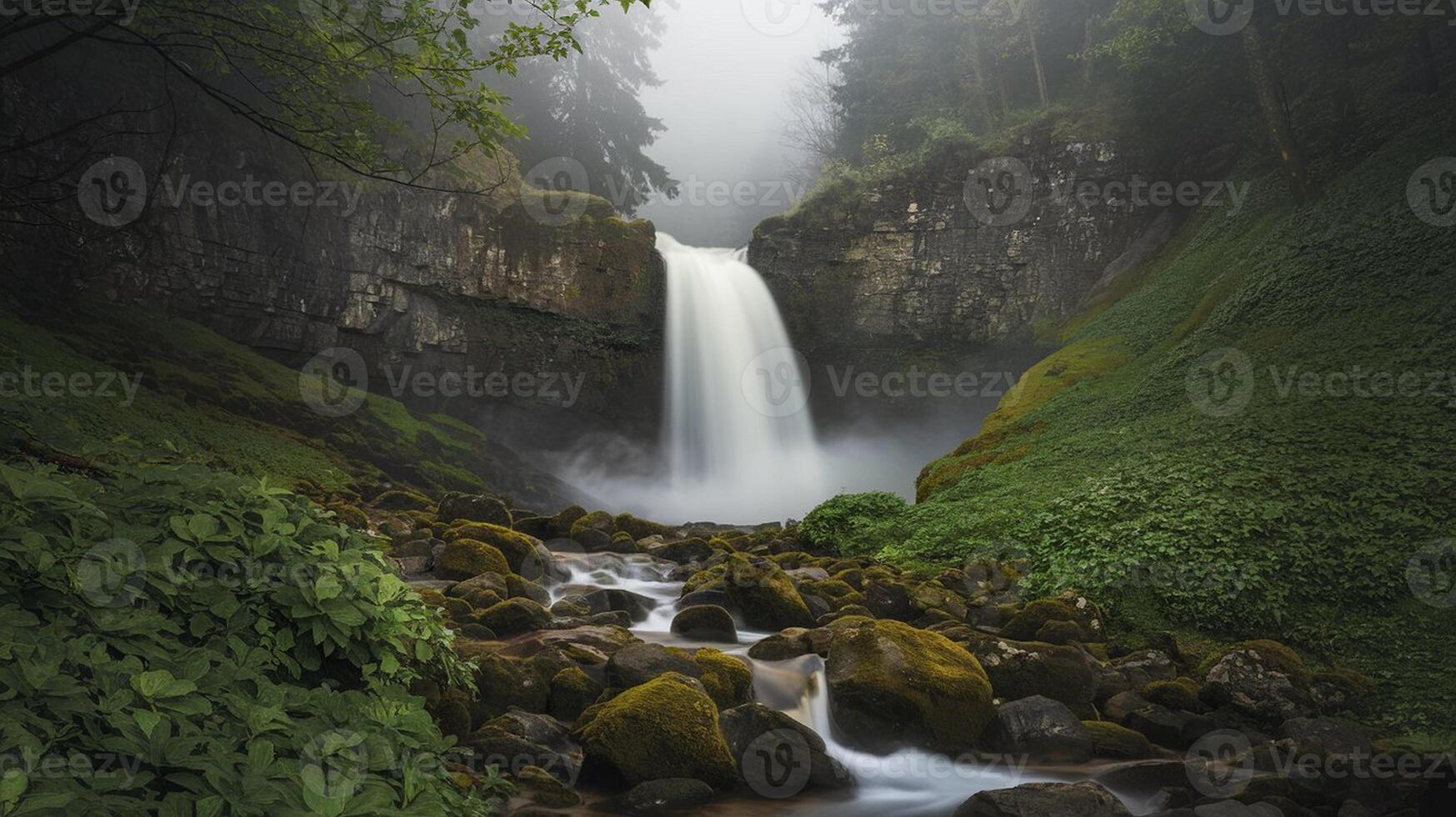 Misty Waterfall in a Forest photo