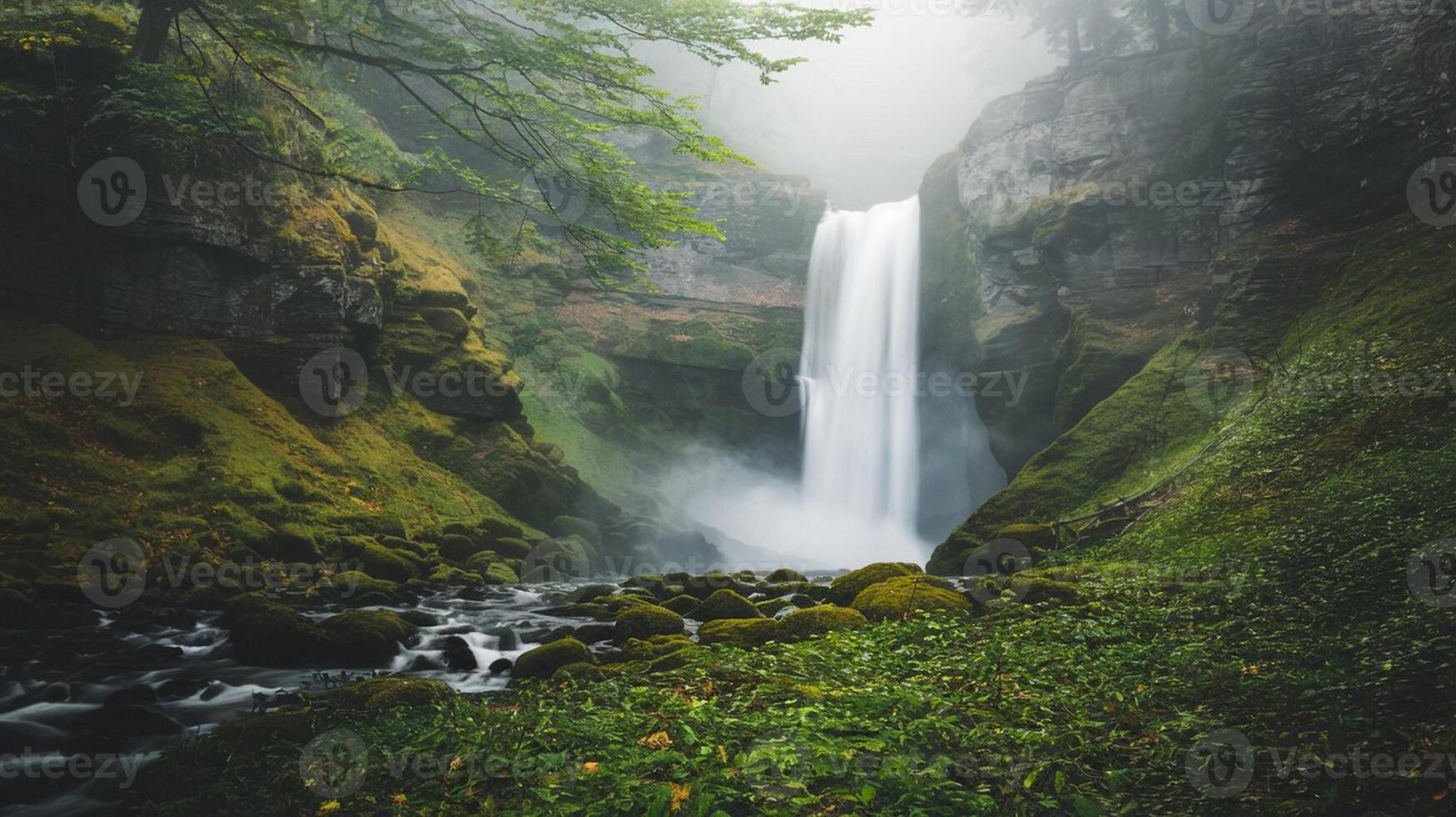 Misty Waterfall in a Forest photo