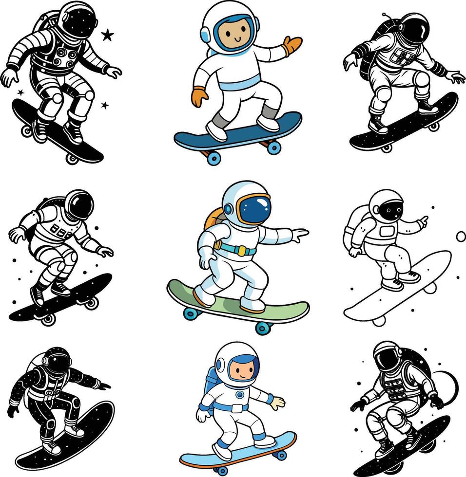 Astronaut skateboarder set of illustrations vector