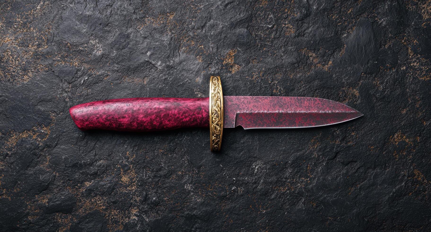 A knife with a red handle on a dark background photo