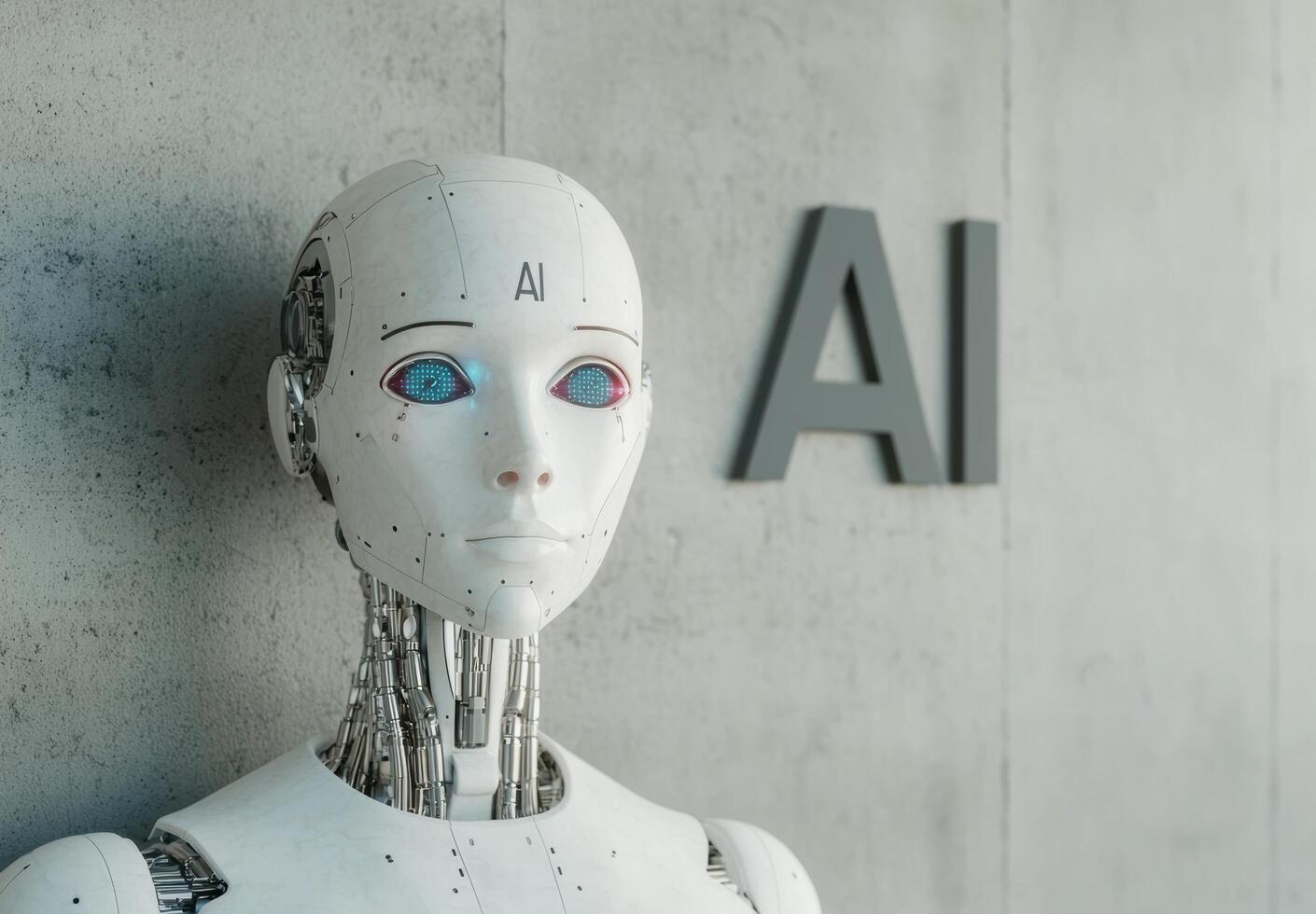 Ai robot standing in front of ai logo photo