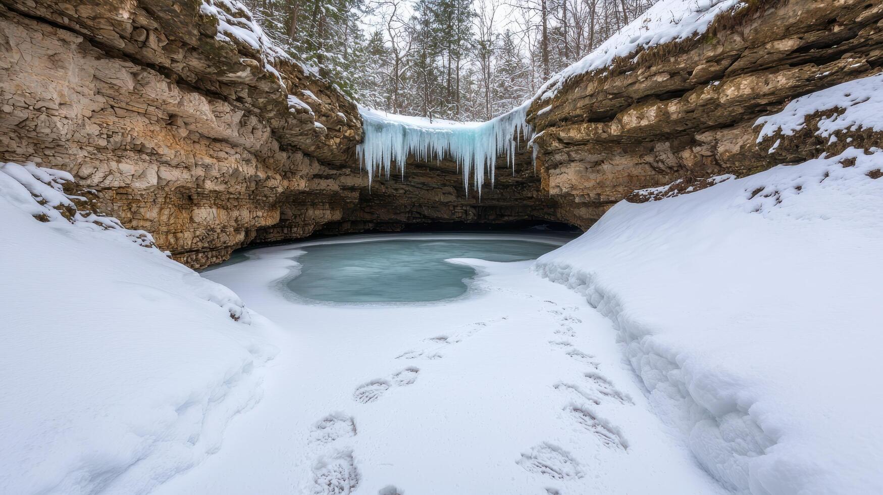 un congelado cascada en el nieve con huellas foto