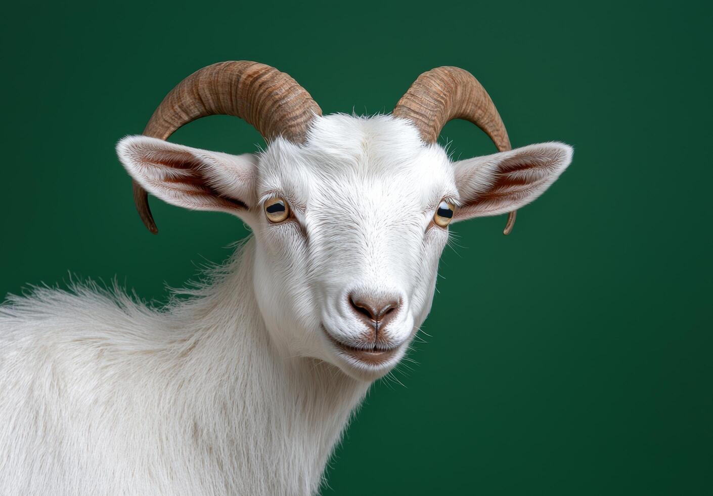 Closeup portrait of a white goat with large horns. . photo