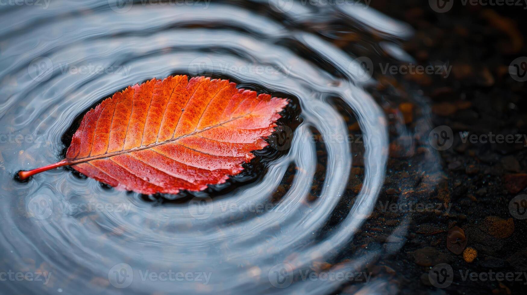 Vibrant autumn leaf floating on swirling water. . photo