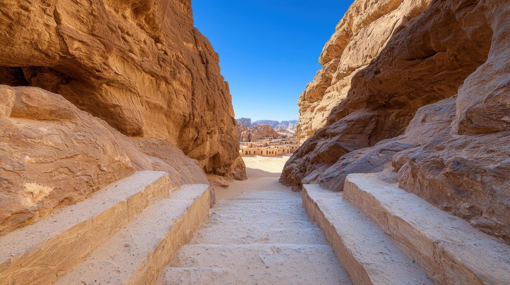 The steps leading to the entrance of the wadi rum, jordan photo
