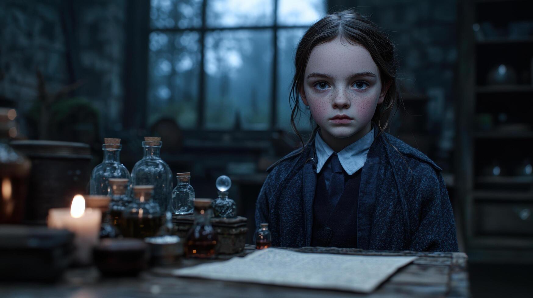 young girl in dark room with mysterious bottles. . photo