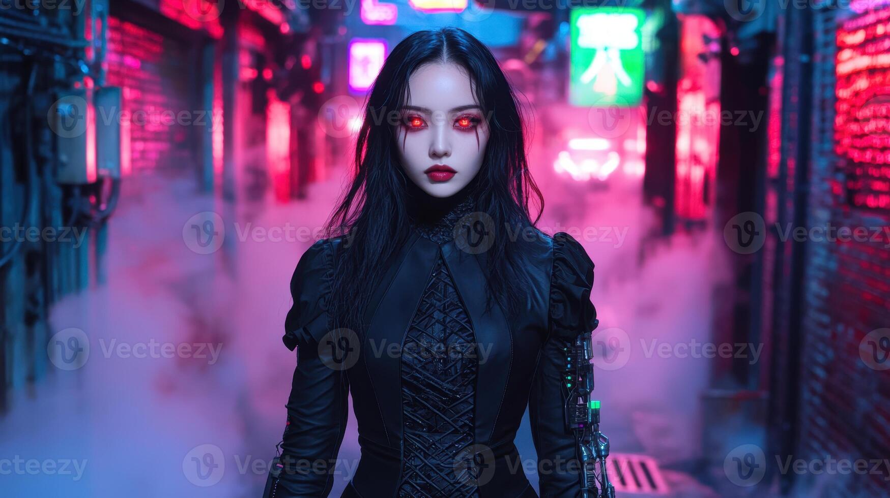 mysterious woman with glowing red eyes in dark city alley. . photo