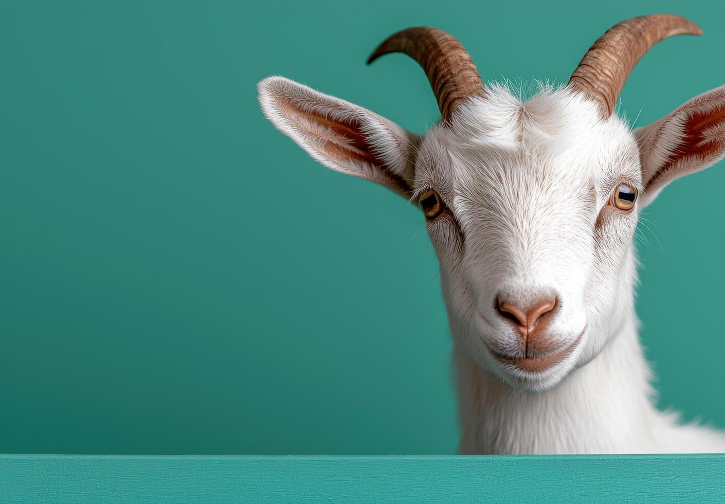 Closeup of a curious goat with horns. . photo