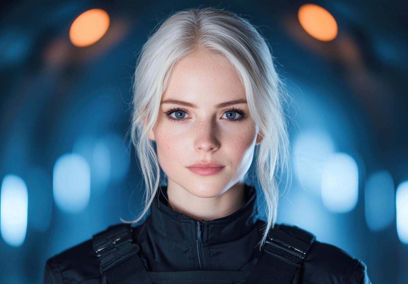 A woman with white hair and black jacket photo