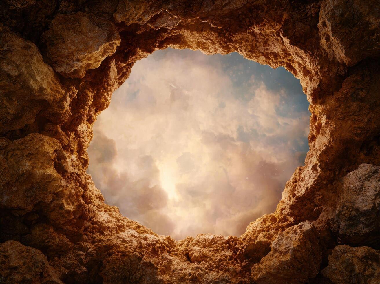 dramatic sky view from inside a cave. . photo