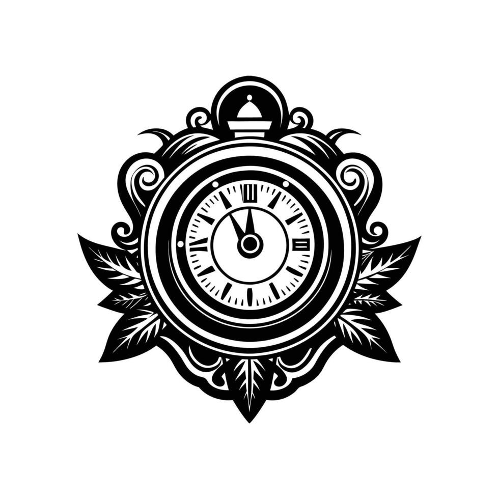 A black and white clock with a leaf design vector