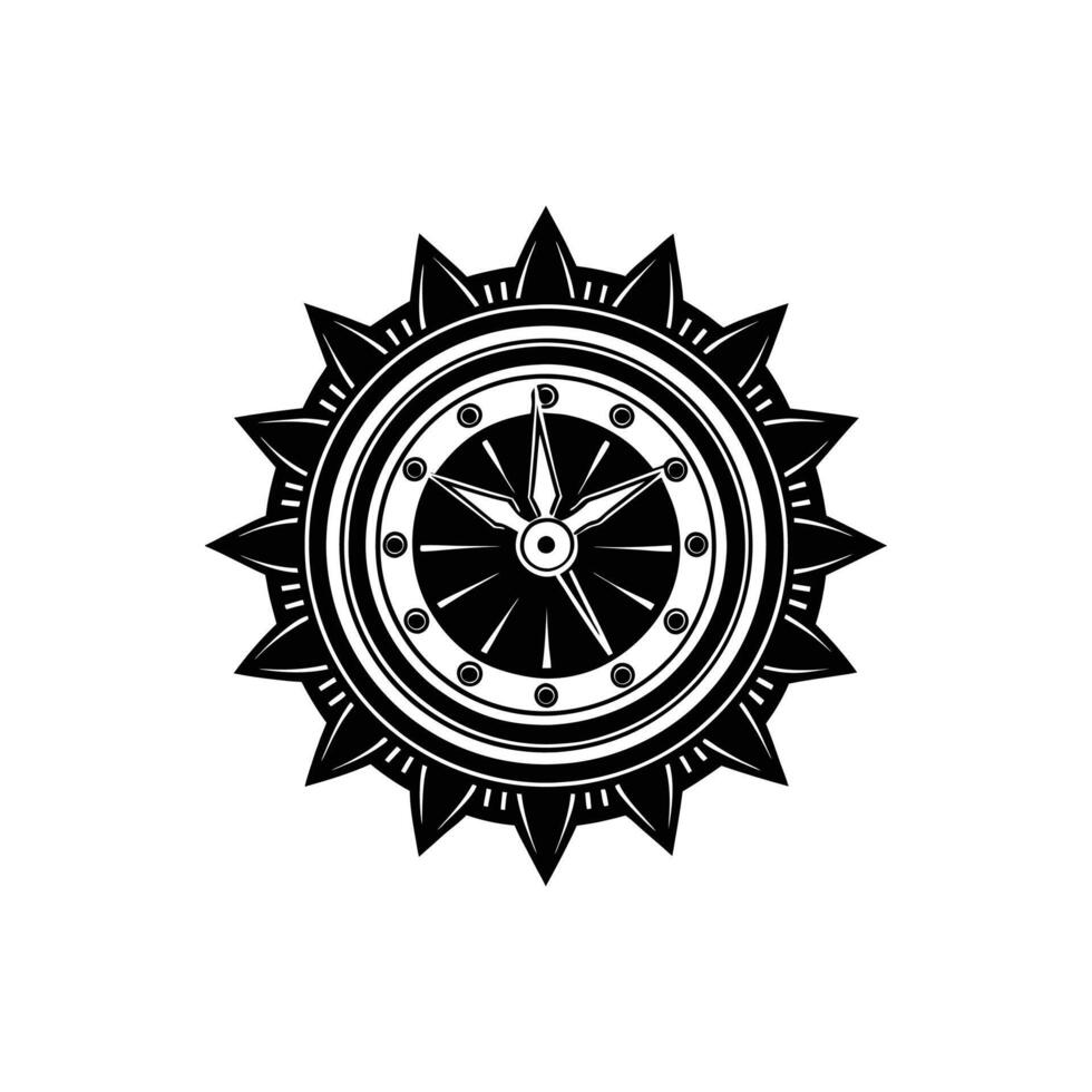 A black and white logo of a clock in the center of a sun vector