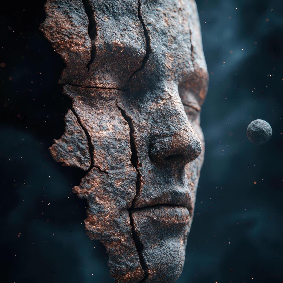 Cracked stone face against night sky. . photo