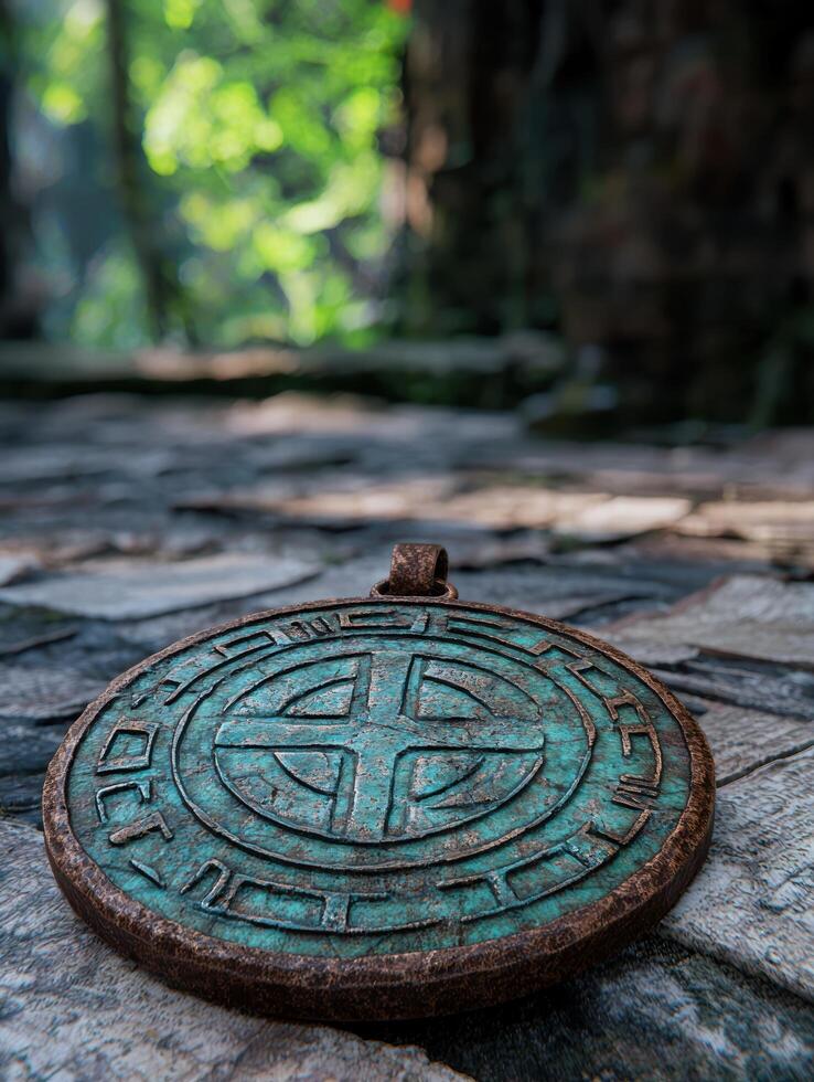 Antique bronze compass in forest. . photo
