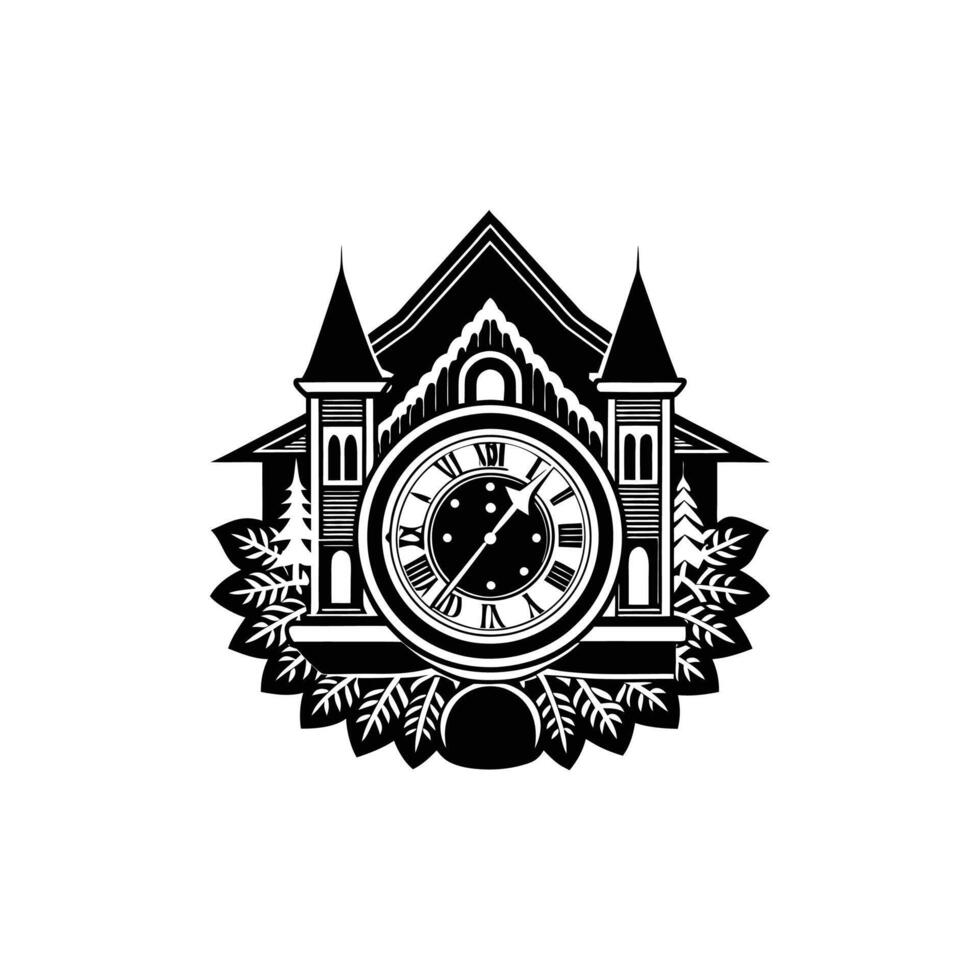 A black and white logo of a clock tower vector