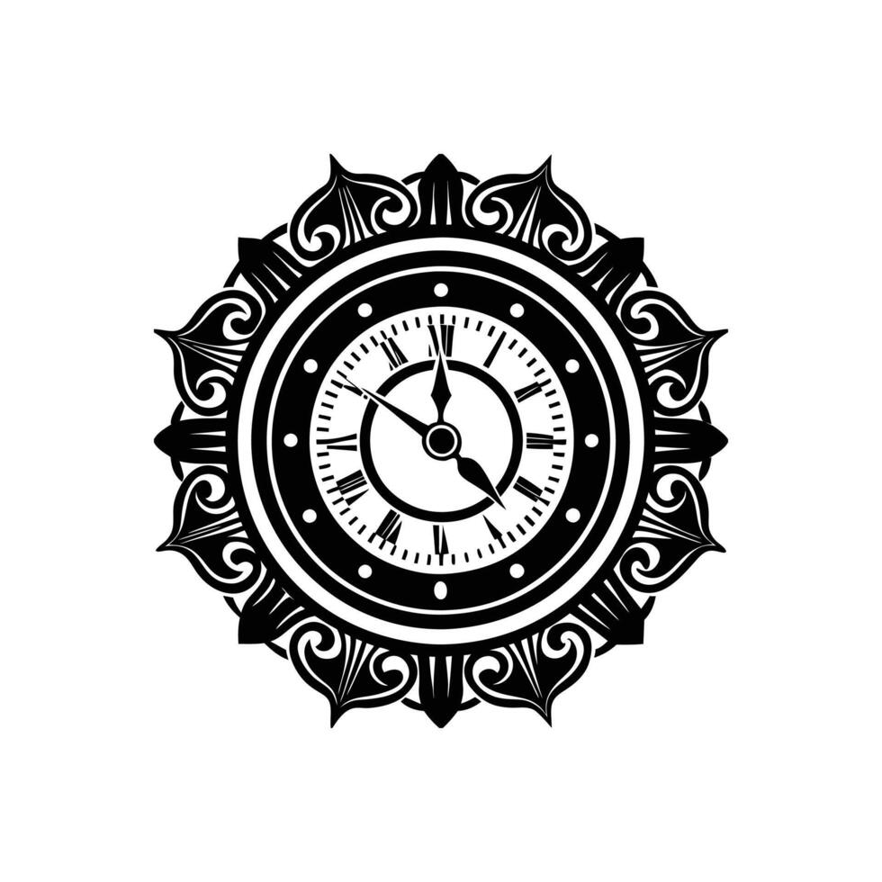 A black and white clock with ornamental design vector