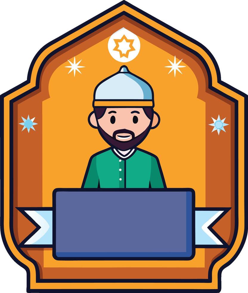Islamic man with beard and turban in front of a mosque vector