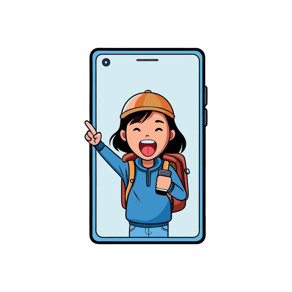 A cartoon girl with a backpack on her phone vector