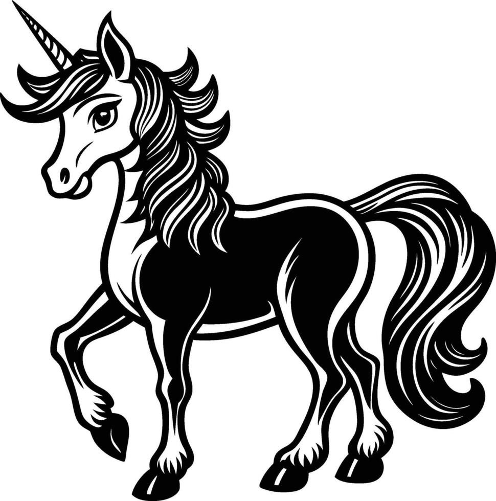 A black and white unicorn with long mane vector