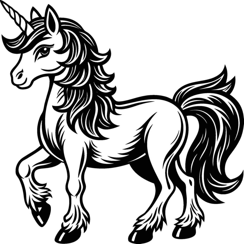 A black and white drawing of a unicorn vector