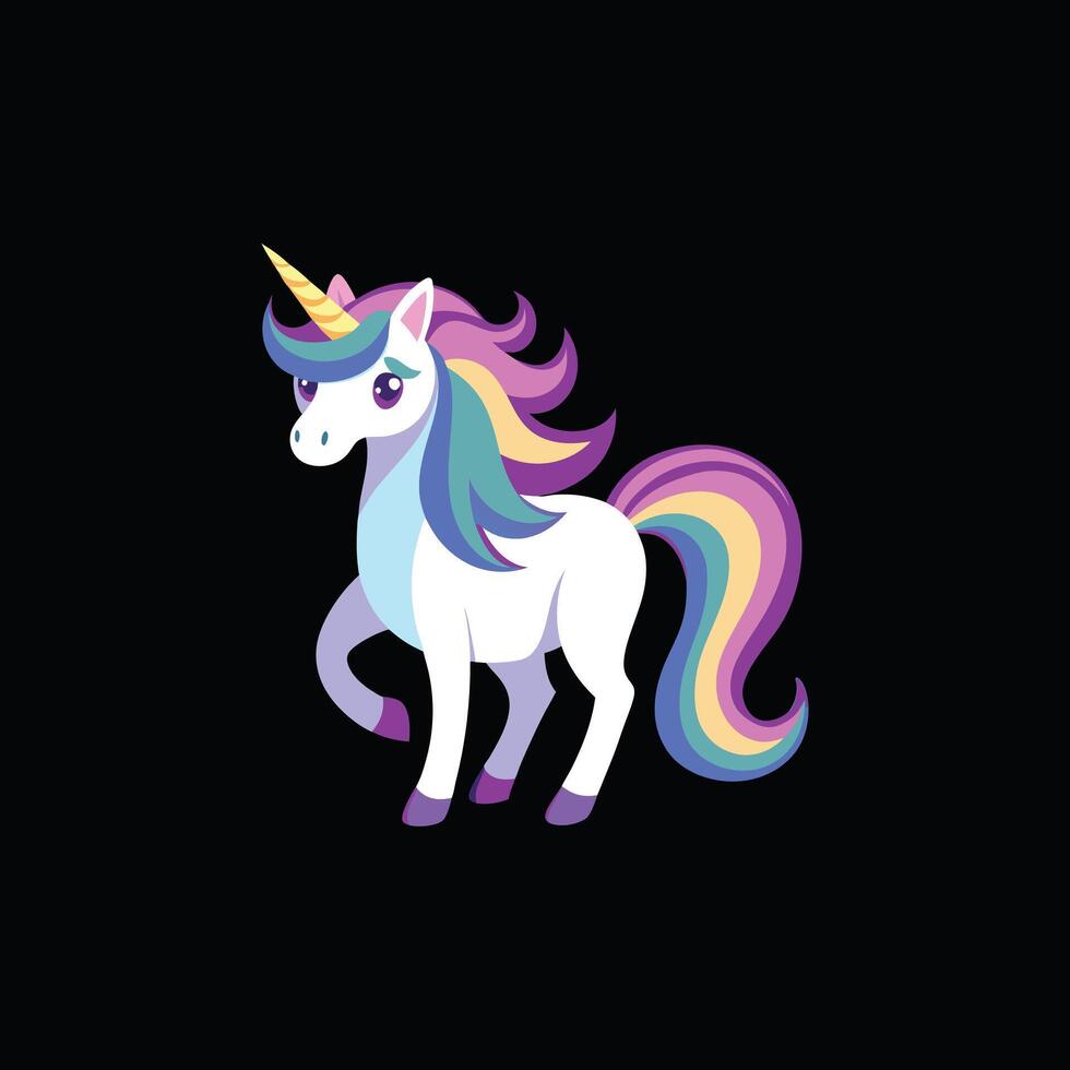 A unicorn with rainbow hair is standing on a black background vector