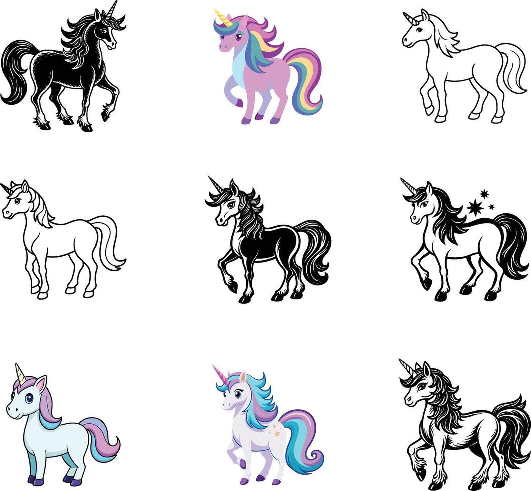 Unicorn clipart set vector