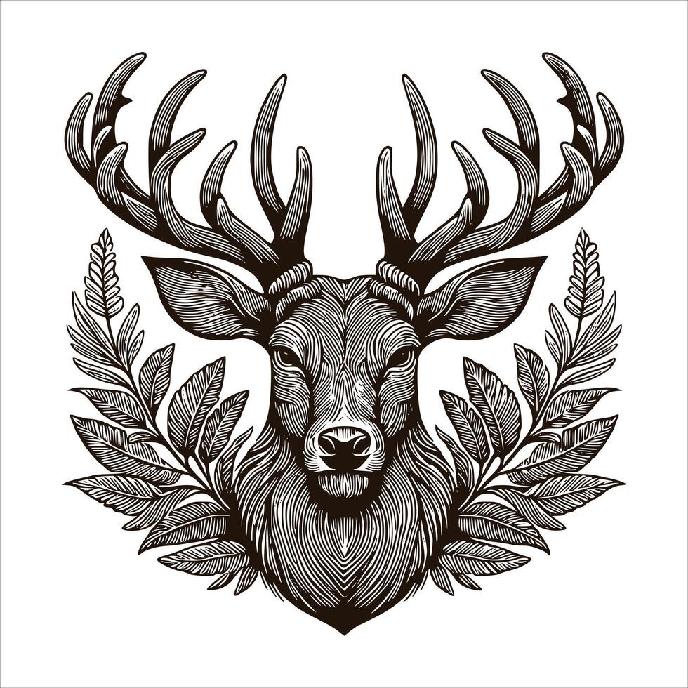 A deer head with leaves and branches in the background vector